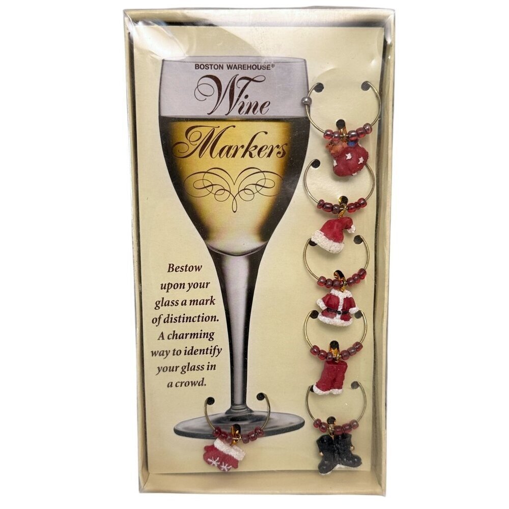 Christmas Wine Charms Set of 6 Santa's Stuff NWT by Boston Warehouse